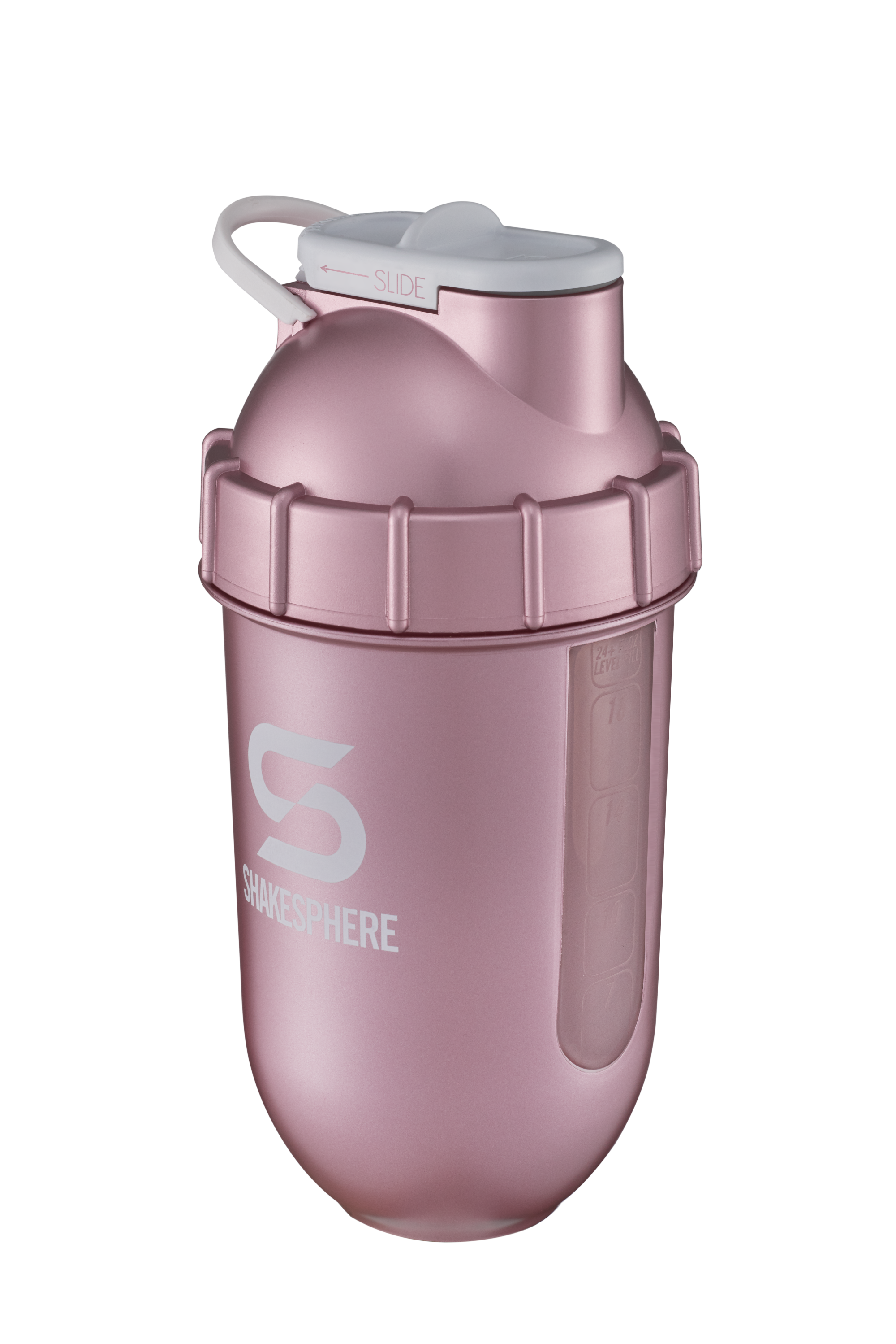 Protein shaker bottle 24.6 Fl Oz ShakeSphere Tumbler View Rose Gold/White Logo/Clear Window