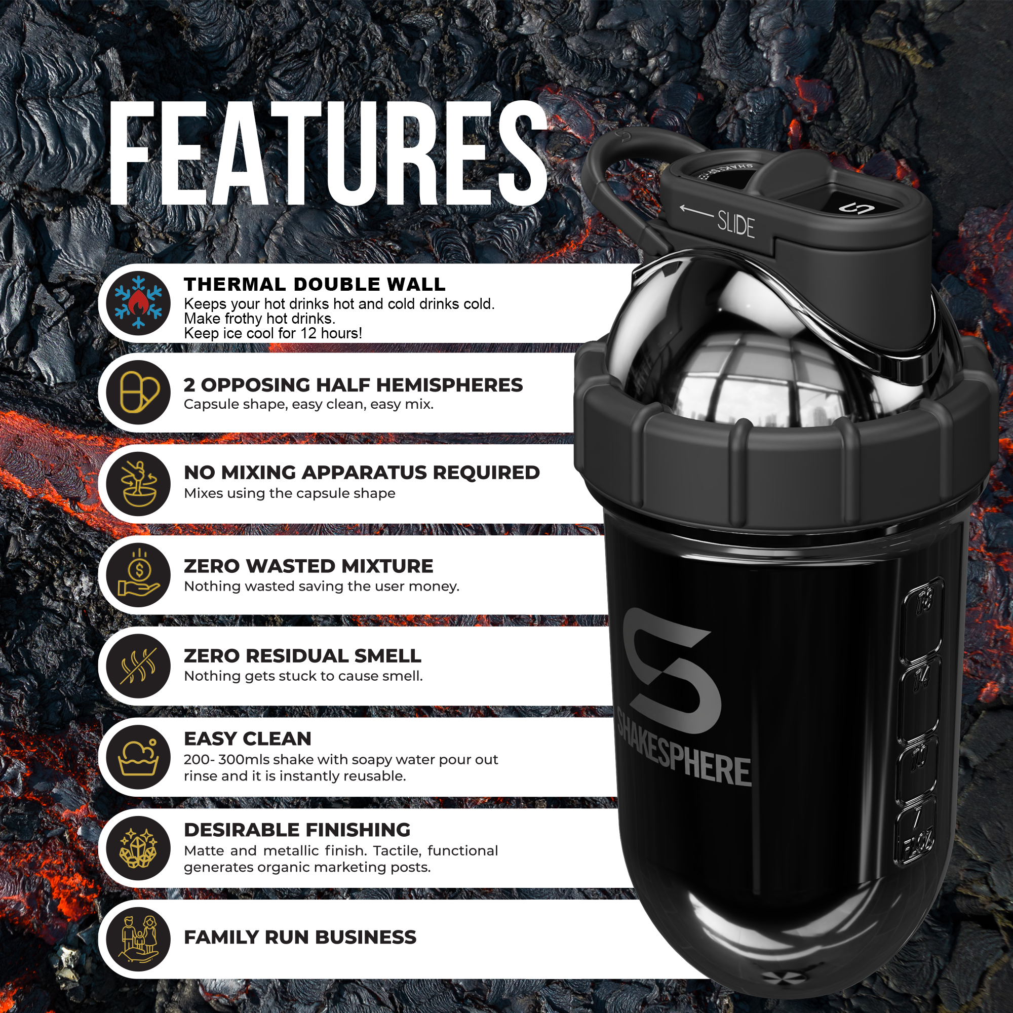 Protein shaker bottle 24.6 Fl Oz Double Wall Steel Mirrored Black