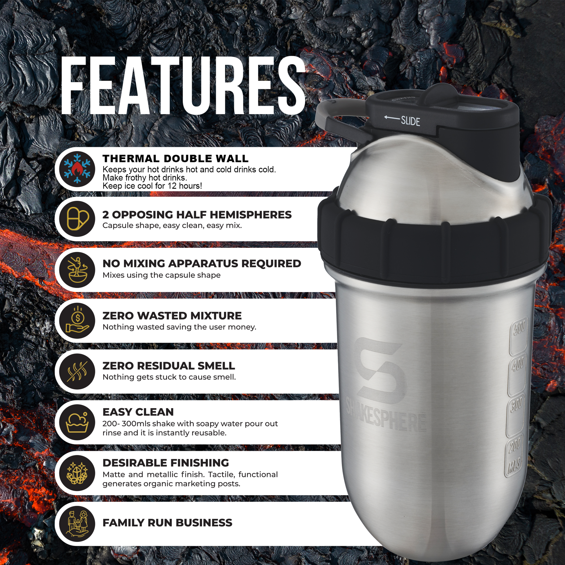 Protein shaker bottle 24.6 Fl Oz ShakeSphere Tumbler Double Wall Steel Original