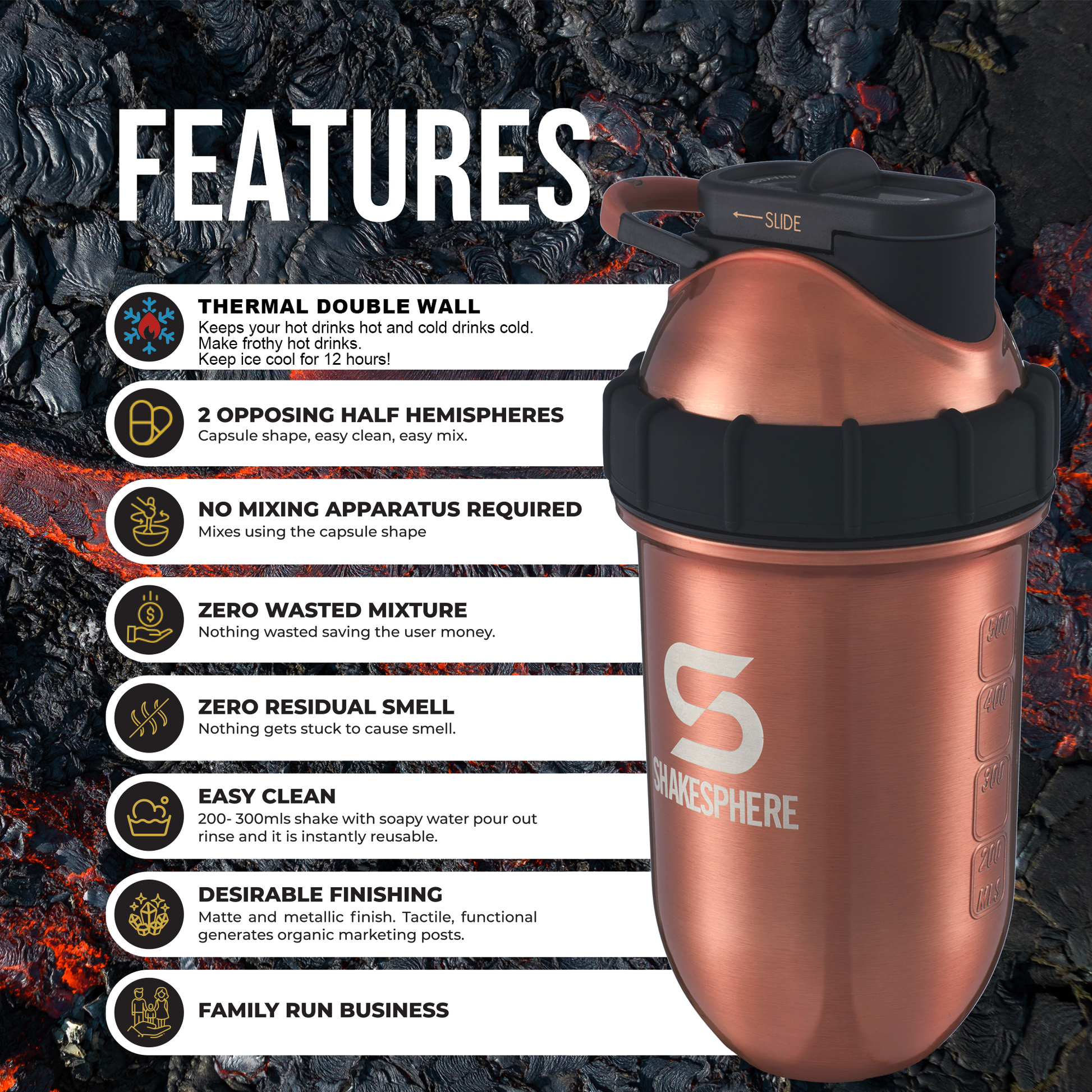 Protein shaker bottle 24.6 Fl Oz Tumbler Double Wall Steel Copper