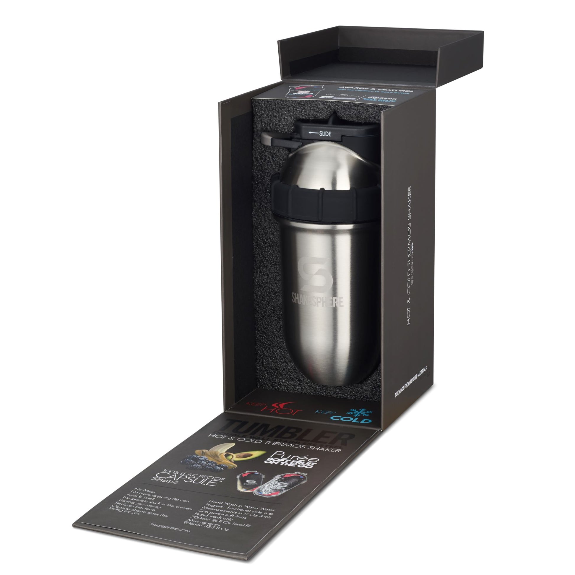 Protein shaker bottle 24.6 Fl Oz ShakeSphere Tumbler Double Wall Steel Original